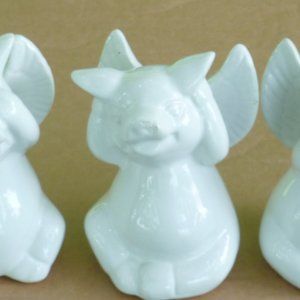 3 WHITE CERAMIC WINGED PIG FIGURINES SEE, HEAR, SPEAK NO EVIL 4B1/2" TALL CUTE